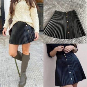 Black Faux Leather Button up Mini skirt